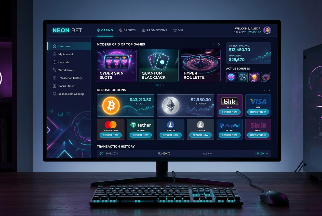 Nowoczesny design lobby kasyna internetowego z ikonami kryptowalut i kart płatniczych