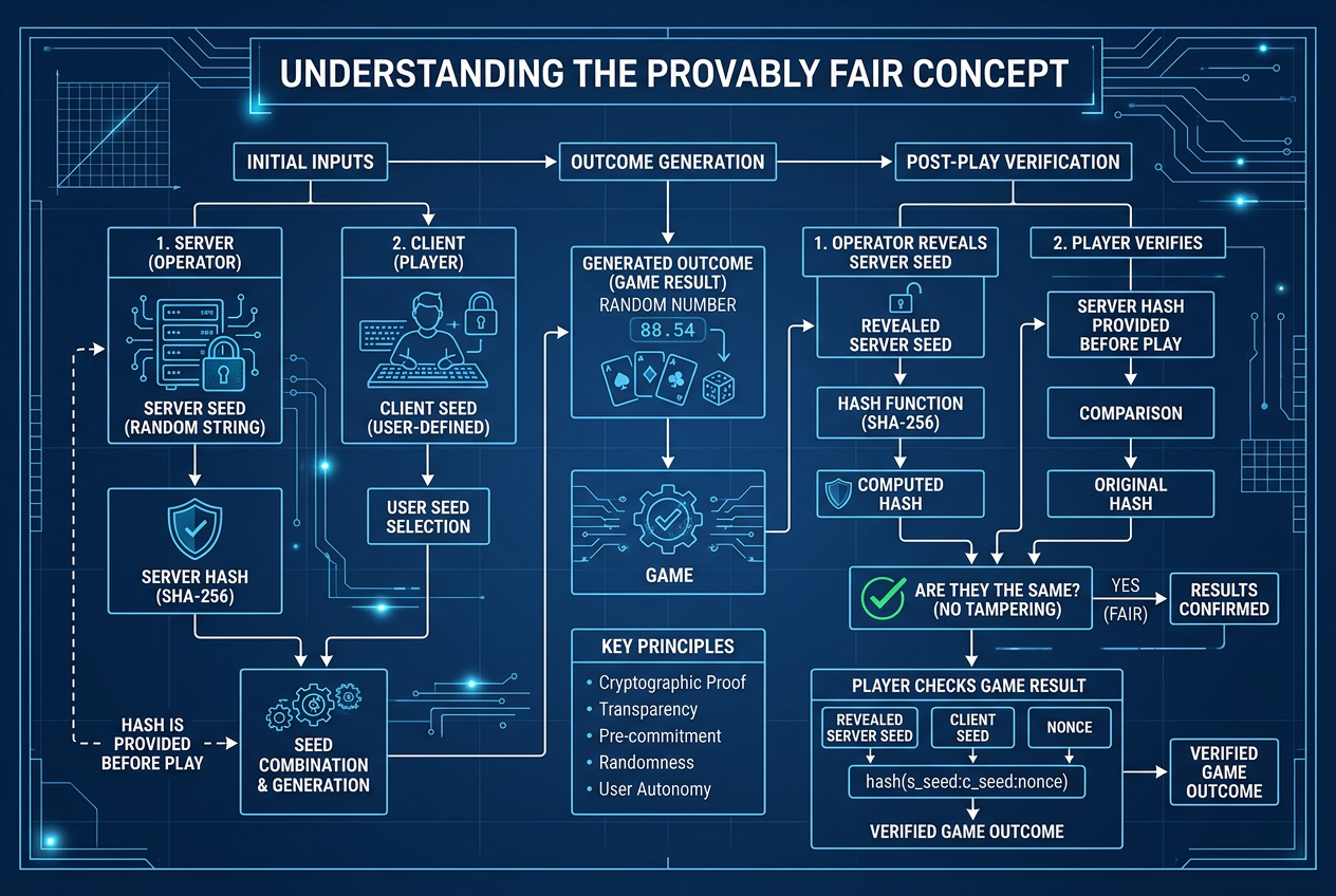 Schemat działania technologii Provably Fair w krypto kasynach
