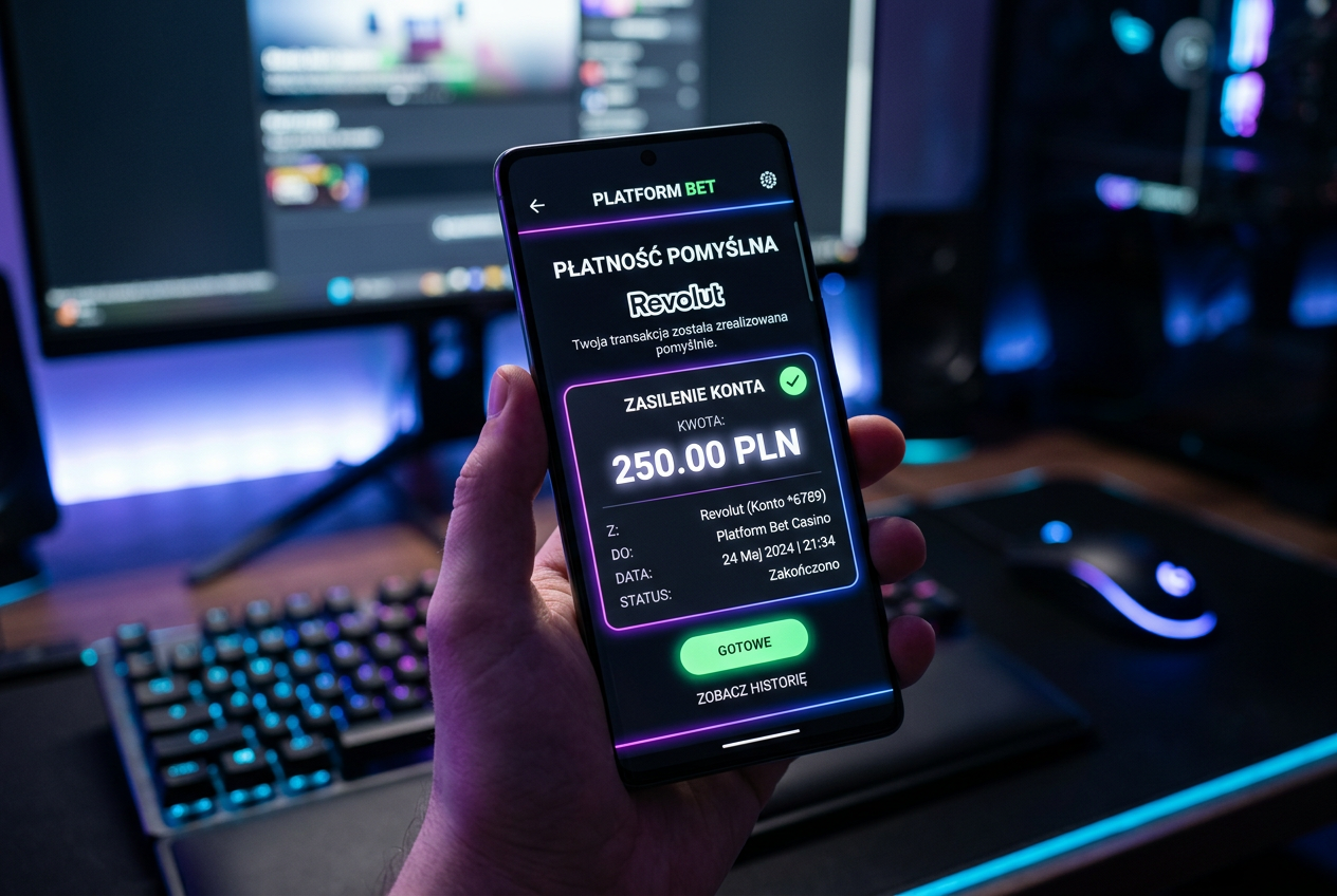 Interfejs płatności Revolut w nowoczesnym kasynie online na smartfonie