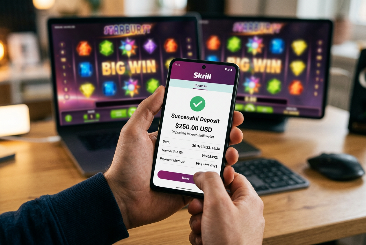 Zbliżenie na aplikację Skrill na smartfonie z potwierdzeniem bezpiecznej płatności
